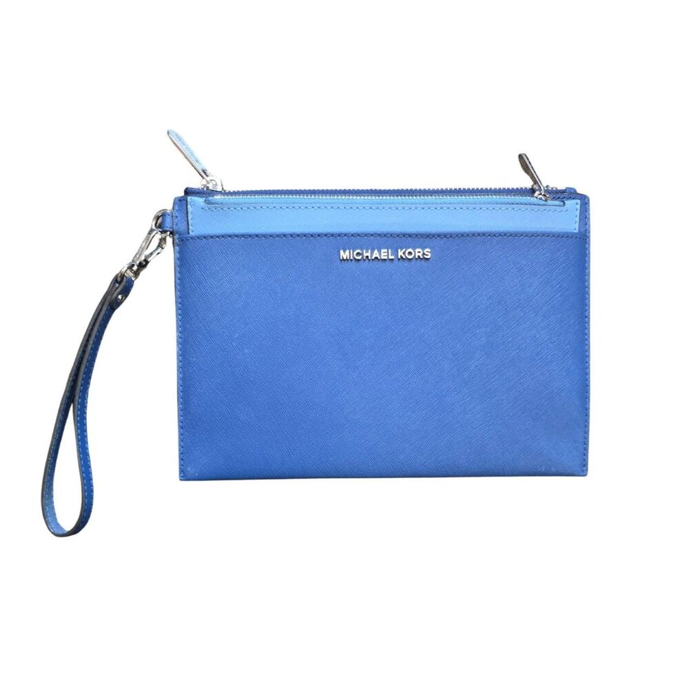 Michael Kors Jet Set Double Zip Wristlet Blue Colorblock Saffiano Leather